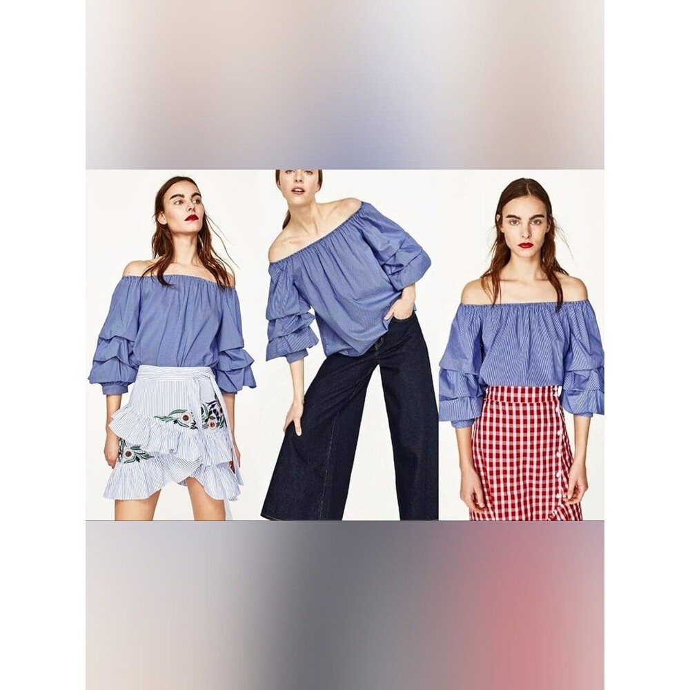 Zara Blue Off-Shoulder Tiered Ruffle Sleeve Top